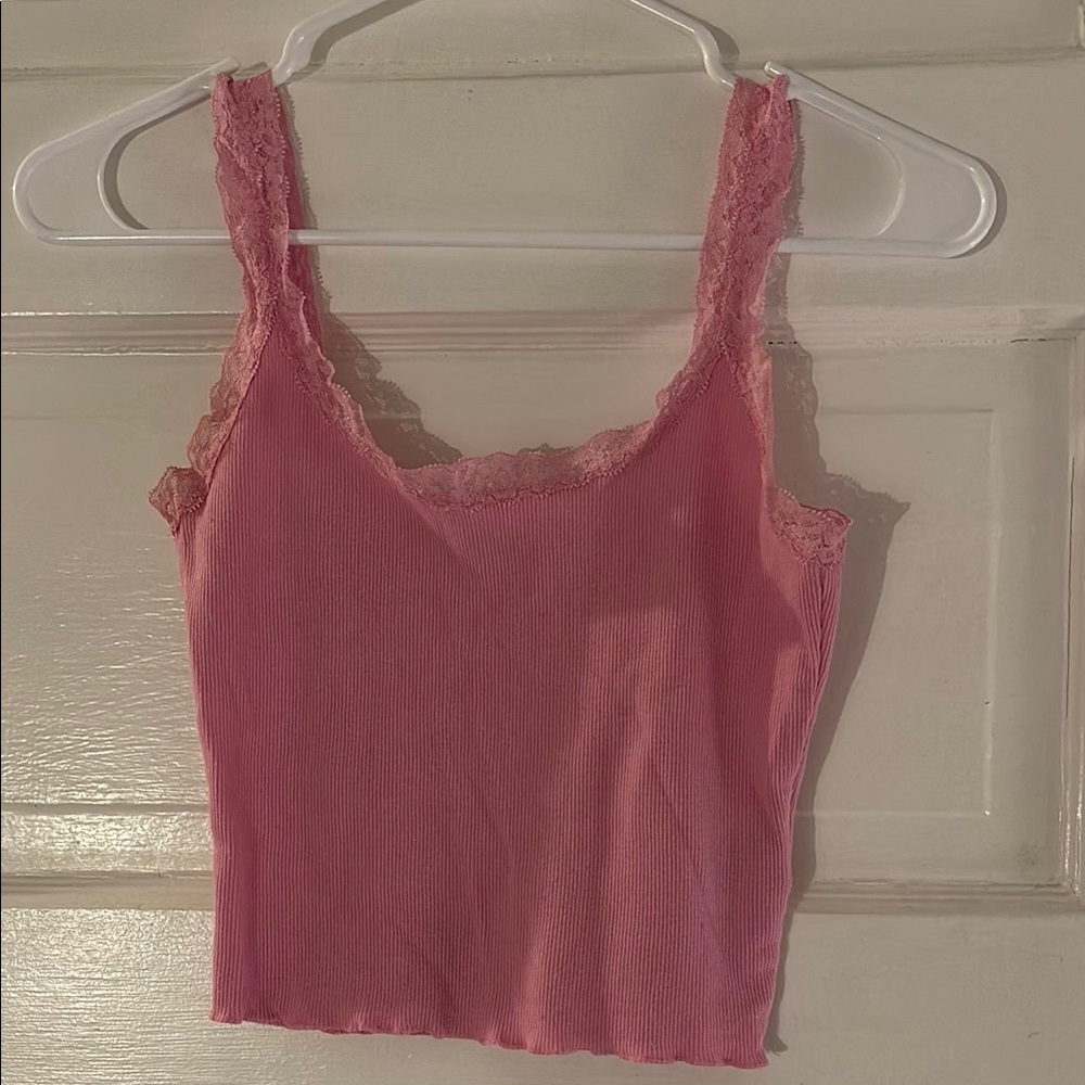 Pink Lace Trim Ribbed Tank Top